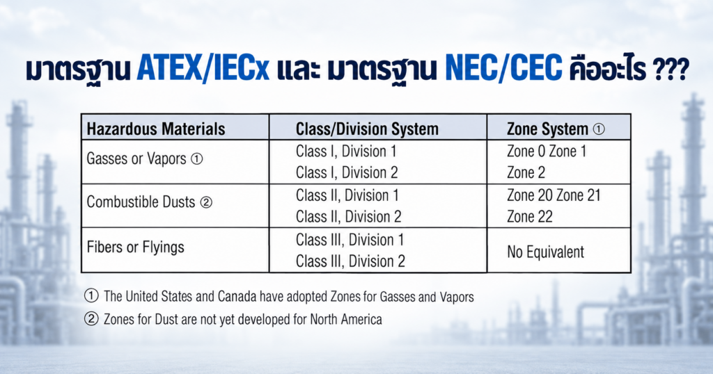 มาตรฐาน ATEX IECEx และ NEC CEC สำหรับการจำแนกพื้นที่อันตราย Hazardous Area