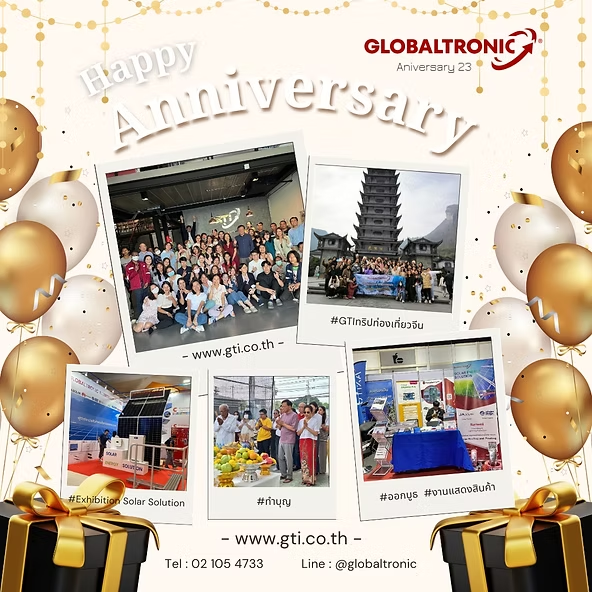 ภาพฉลองครบรอบ 23 ปี Globaltronic รวมภาพกิจกรรมของบริษัท ทั้งทริปพนักงาน งานแสดงสินค้า กิจกรรมทำบุญ และงานอีเวนต์ สะท้อนการเติบโตและความผูกพันตลอด 23 ปี