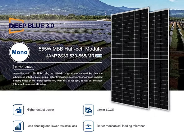 แผงโซลาร์เซลล์ JA Solar DeepBlue 3.0 รุ่น JAM72S30 กำลัง 555W แบบ Mono MBB Half-cell Module สำหรับระบบโซลาร์ประสิทธิภาพสูง