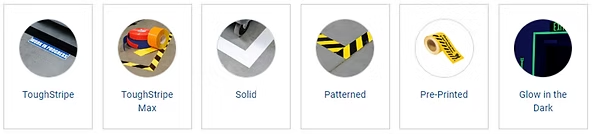 เทปตีเส้นและสัญลักษณ์พื้นสำหรับงานอุตสาหกรรม มีทั้ง ToughStripe, ToughStripe Max, สีพื้น, ลาย Pattern, แบบพิมพ์ข้อความ และแบบเรืองแสงในที่มืด